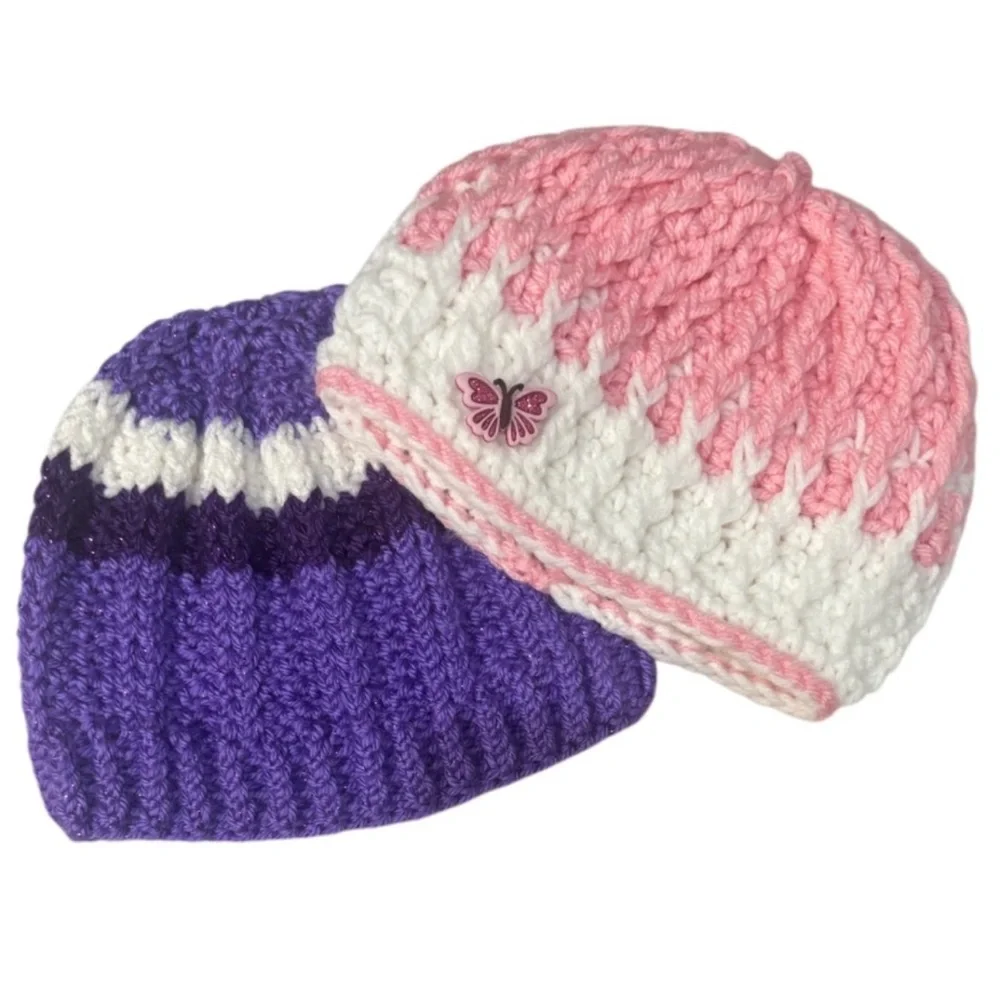 Girl’s Handmade Crochet Beanie Textured Knit Hats Butterfly Glitter Pink Purple